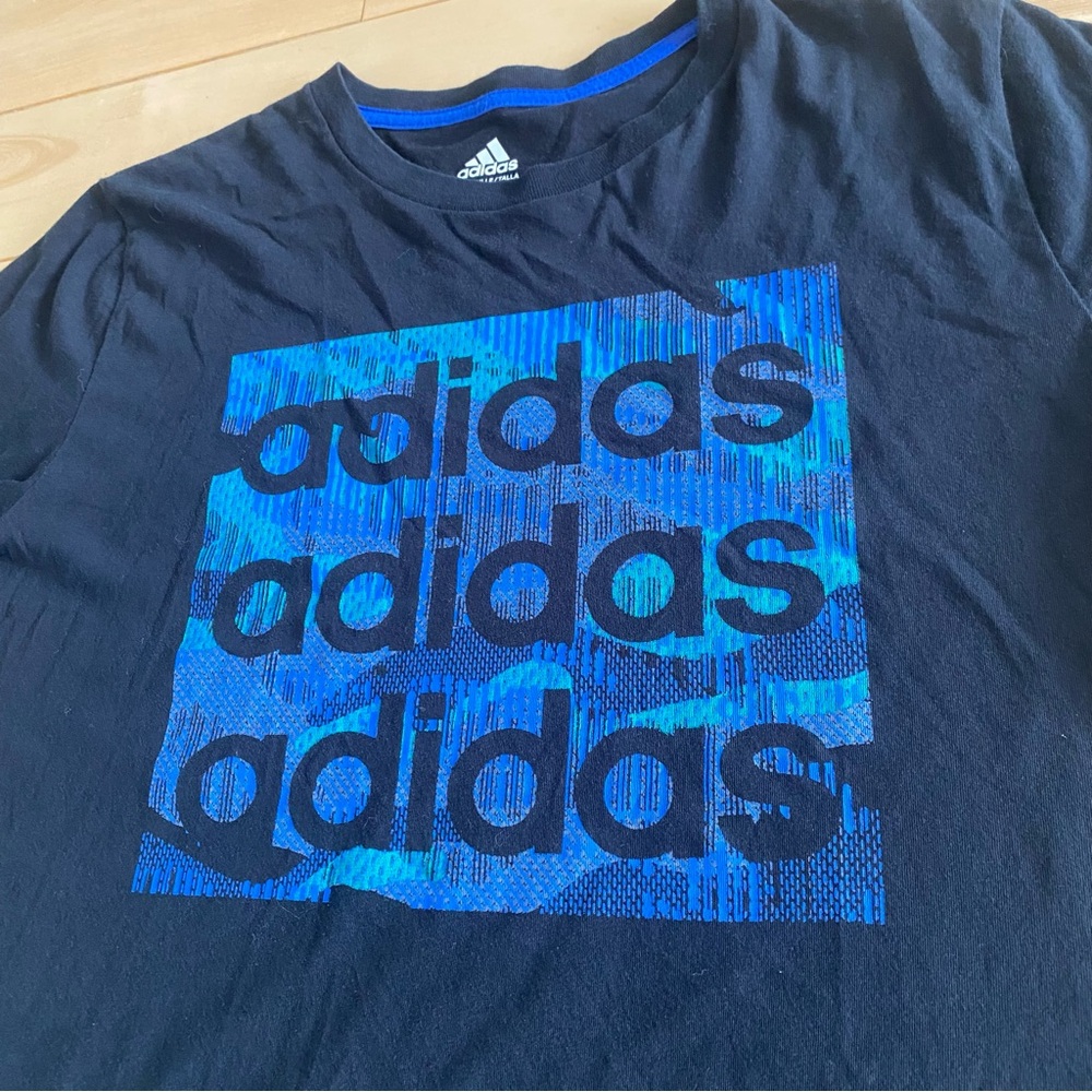 Black Adidas t-shirt, blue green logo, size L men’s